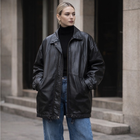 Preswick & Moore Jackets & Blazers - Vintage 90s Oversized Black Genuine Leather Coat L Minimalist Longline Y2K